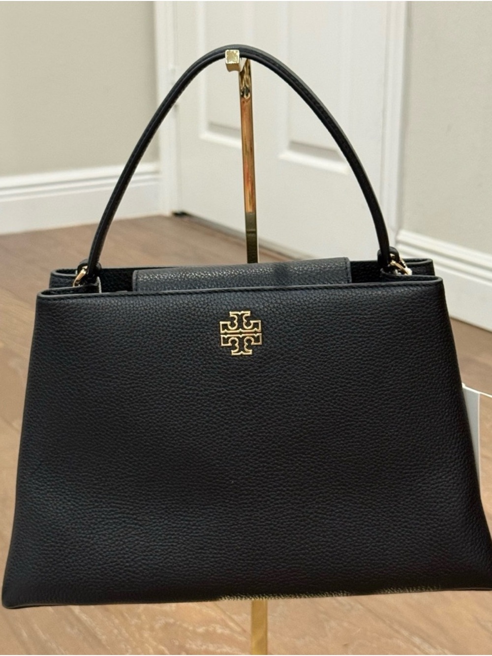 Tory Burch Black Pebbled Leather Satchel with Gold Logo